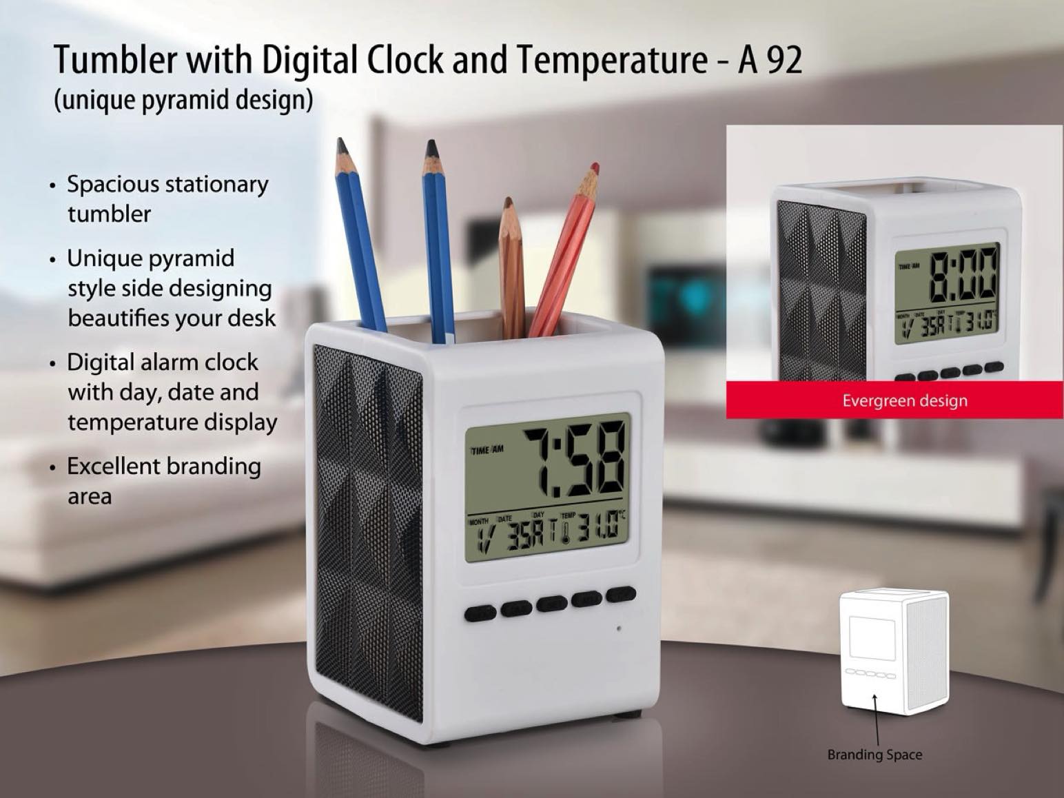 A92 - Tumbler with Digital Clock and Temperature | Unique Pyramid Design
