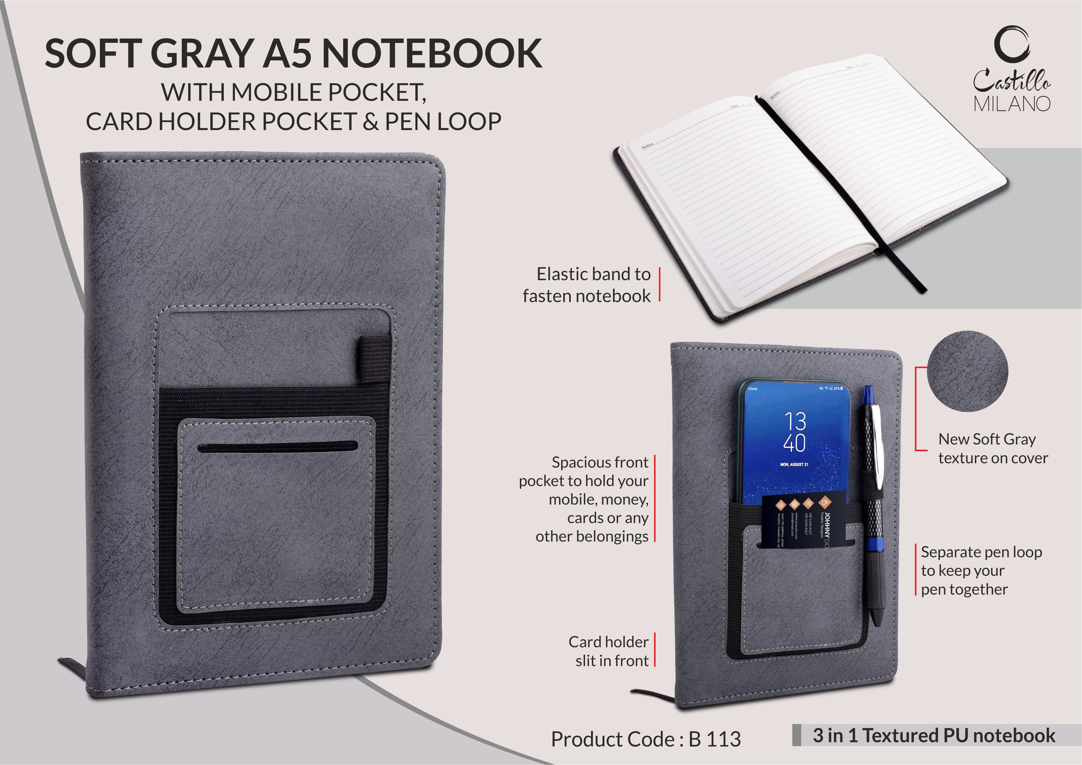 B113 - Soft Gray A5 notebook with mobile pocket, card holder pocket & pen loop by Castillo Milano