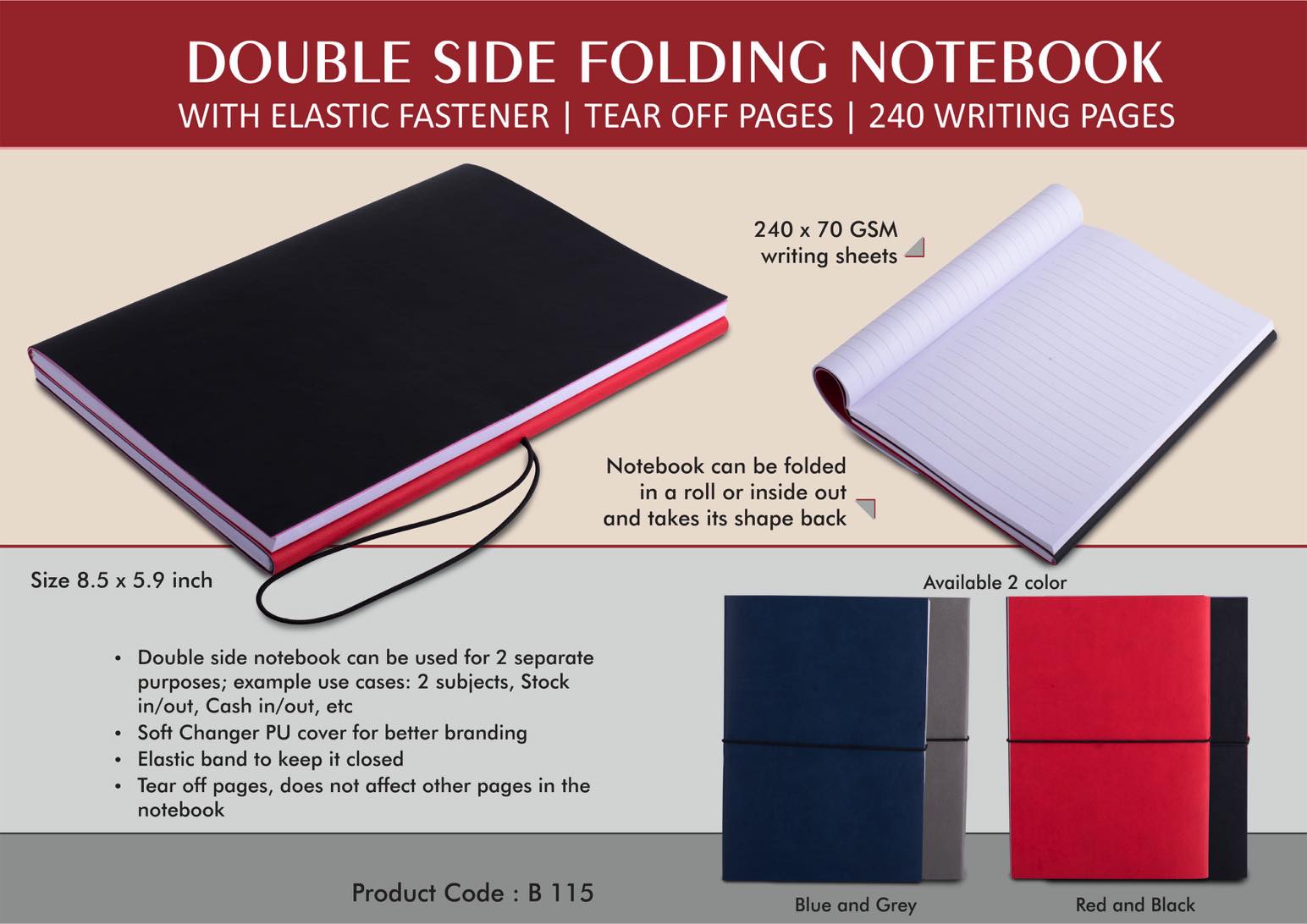 B115 - Double side folding notebook with Elastic Fastener | Tear off Pages | 240 writing pages