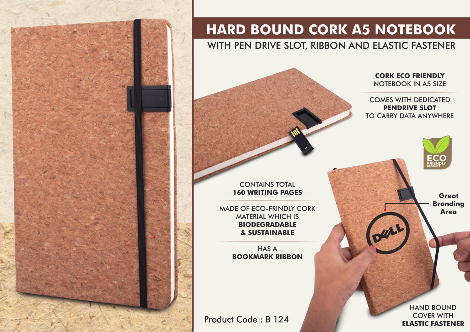 B124 - Hard bound Cork A5 notebook with Pen Drive Slot, Ribbon and elastic fastener