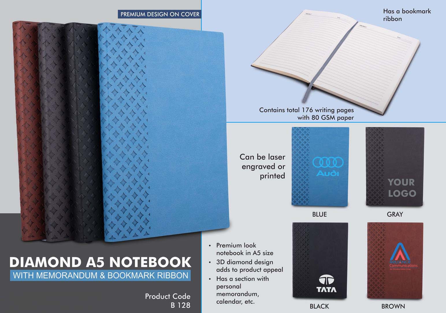 B128 - Diamond A5 notebook with memorandum & Bookmark ribbon