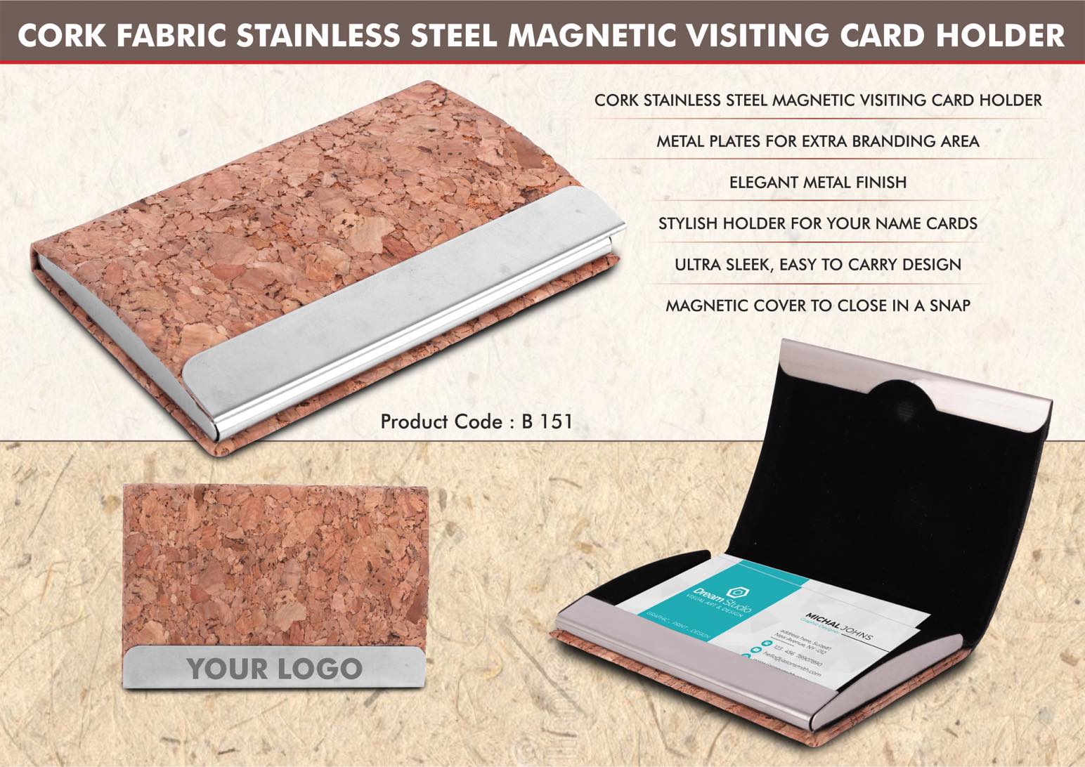B151 - Stainless Steel Magnetic Visiting Card holder in Cork Material