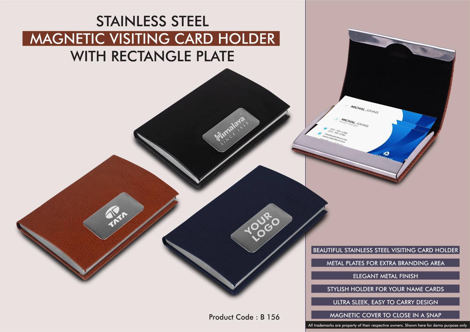 B156 - Stainless Steel Magnetic Visiting Card holder with Rectangle Plate