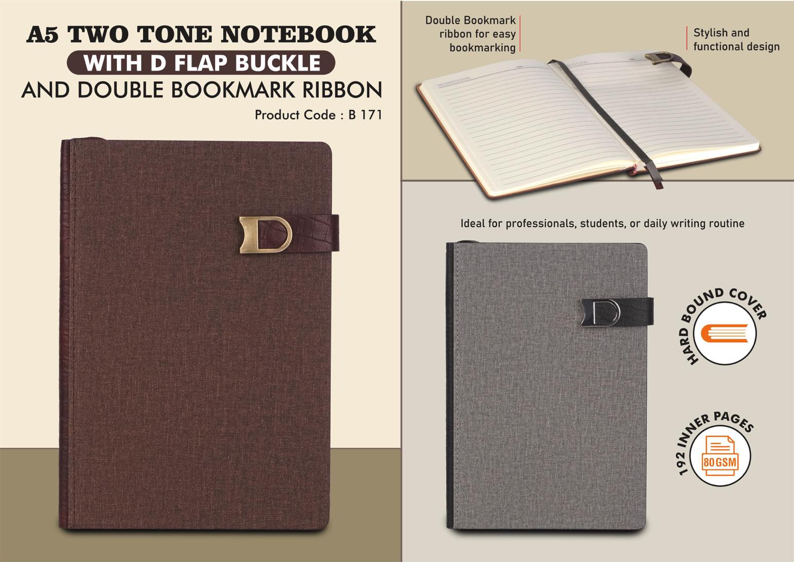 B171 - A5 Two Tone Notebook with D Flap buckle and Double Bookmark Ribbon