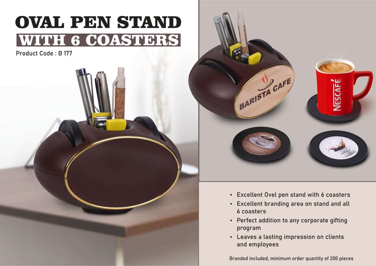 B177 - Oval Pen stand with 6 coasters | Branding included MOQ 200 pc
