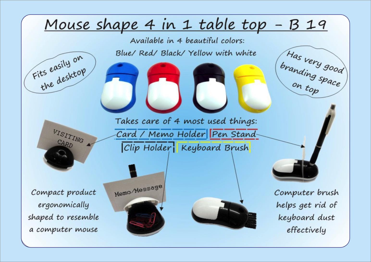 B19 - Mouse shape 4 in 1 table top (with pen holder, memo holder, paper clip holder & keyboard cleaning brush)
