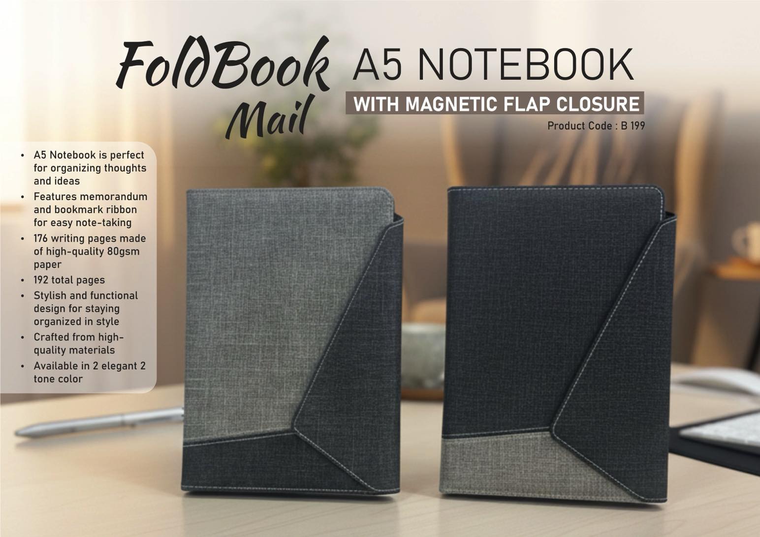 B199 - FoldBook Mail: A5 Notebook with magnetic flap closure | Envelope design | A5 size | With memorandum & Bookmark ribbon