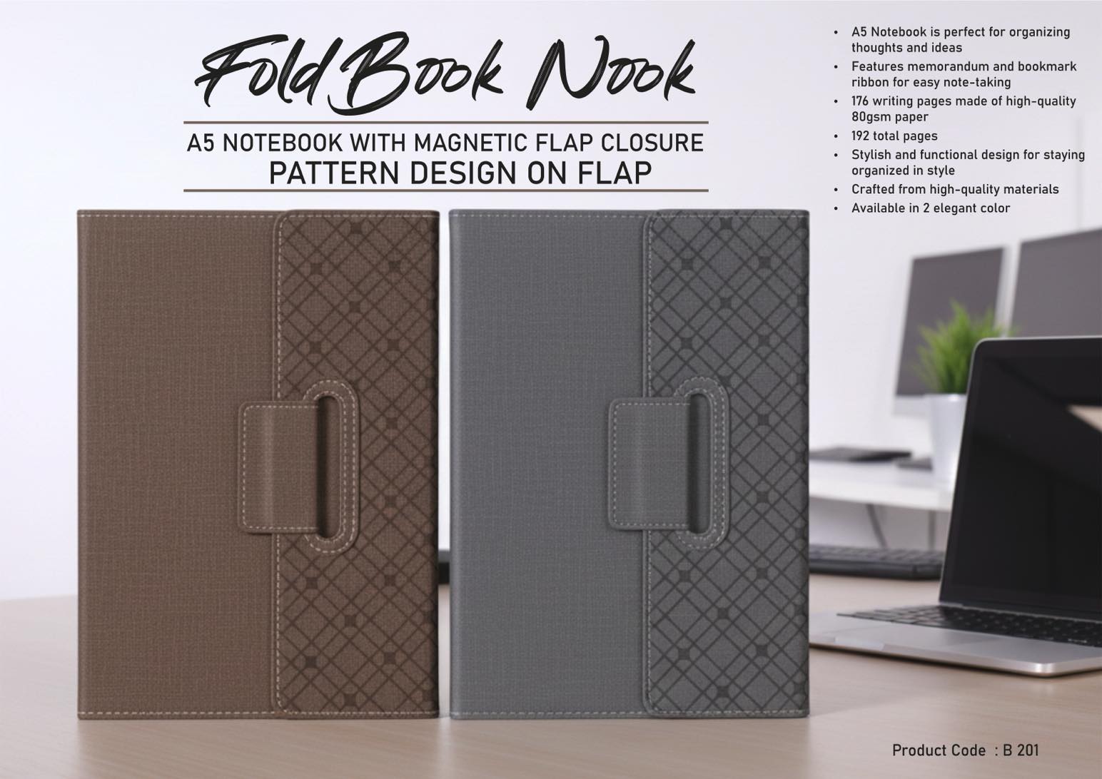 B201 - FoldBook Nook: A5 Notebook with magnetic flap closure | Pattern design on Flap | A5 size | With memorandum & Bookmark ribbon