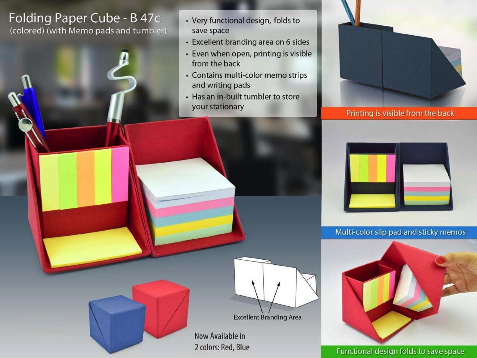 B47C - Folding paper cube in color (with memo pad and tumbler)