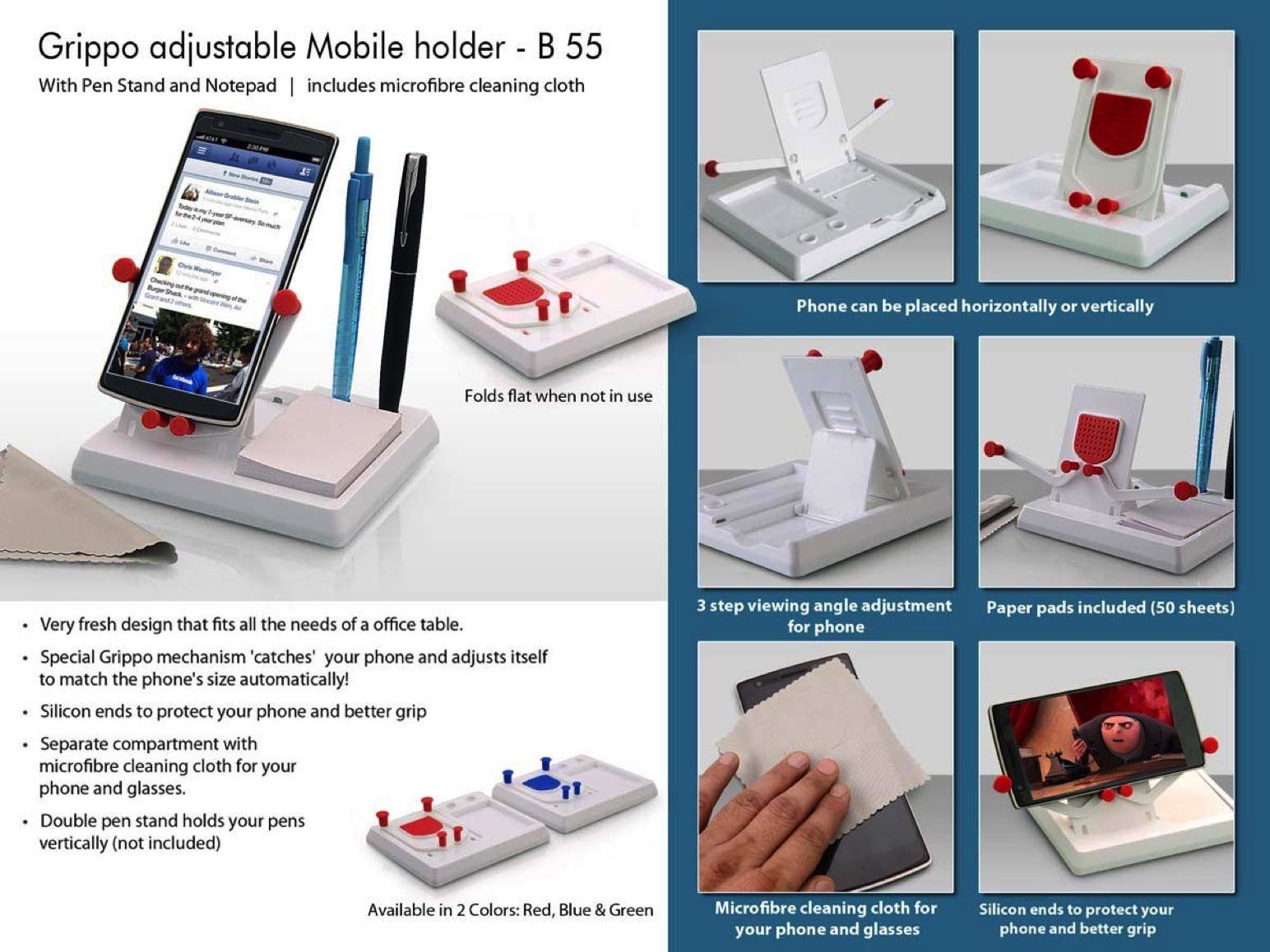 B55 - Grippo Mobile holder with angle adjustment, pen stand, and notepad