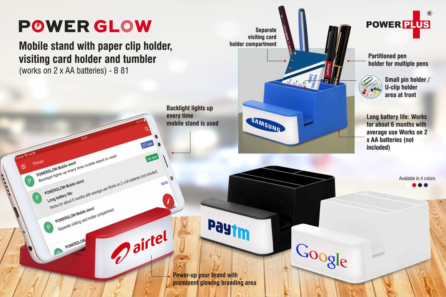 B81 - PowerGlow Mobile stand | With paper clip holder, visiting card holder and tumbler | Works on 2 x AA batteries
