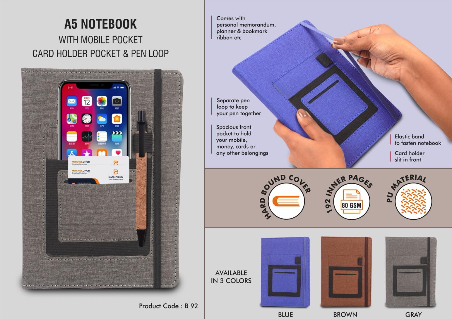 B92 - A5 notebook with mobile pocket, card holder pocket & pen loop by Castillo Milano