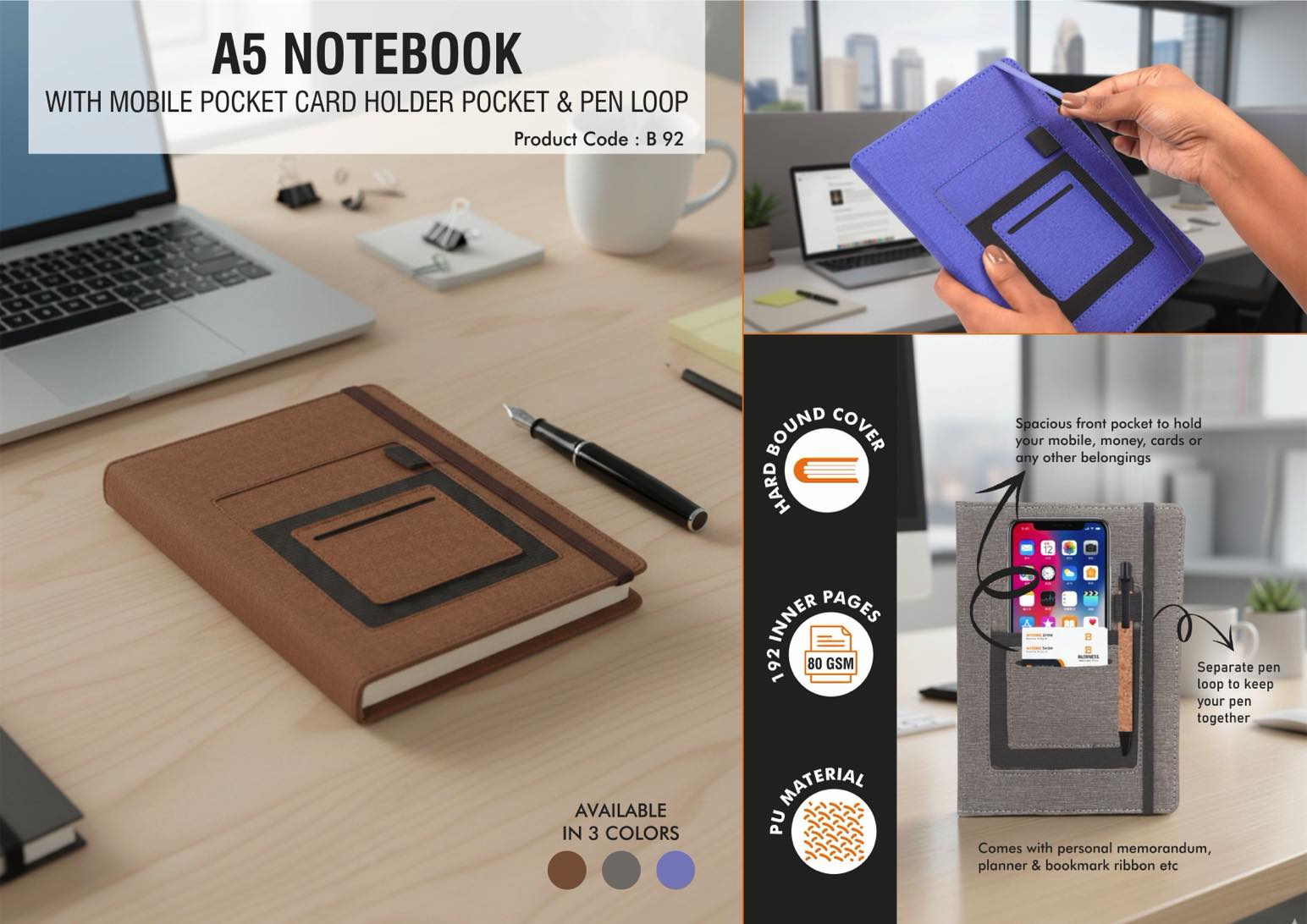 B92b - A5 notebook with mobile pocket, card holder pocket & pen loop by Castillo Milano | Made in India
