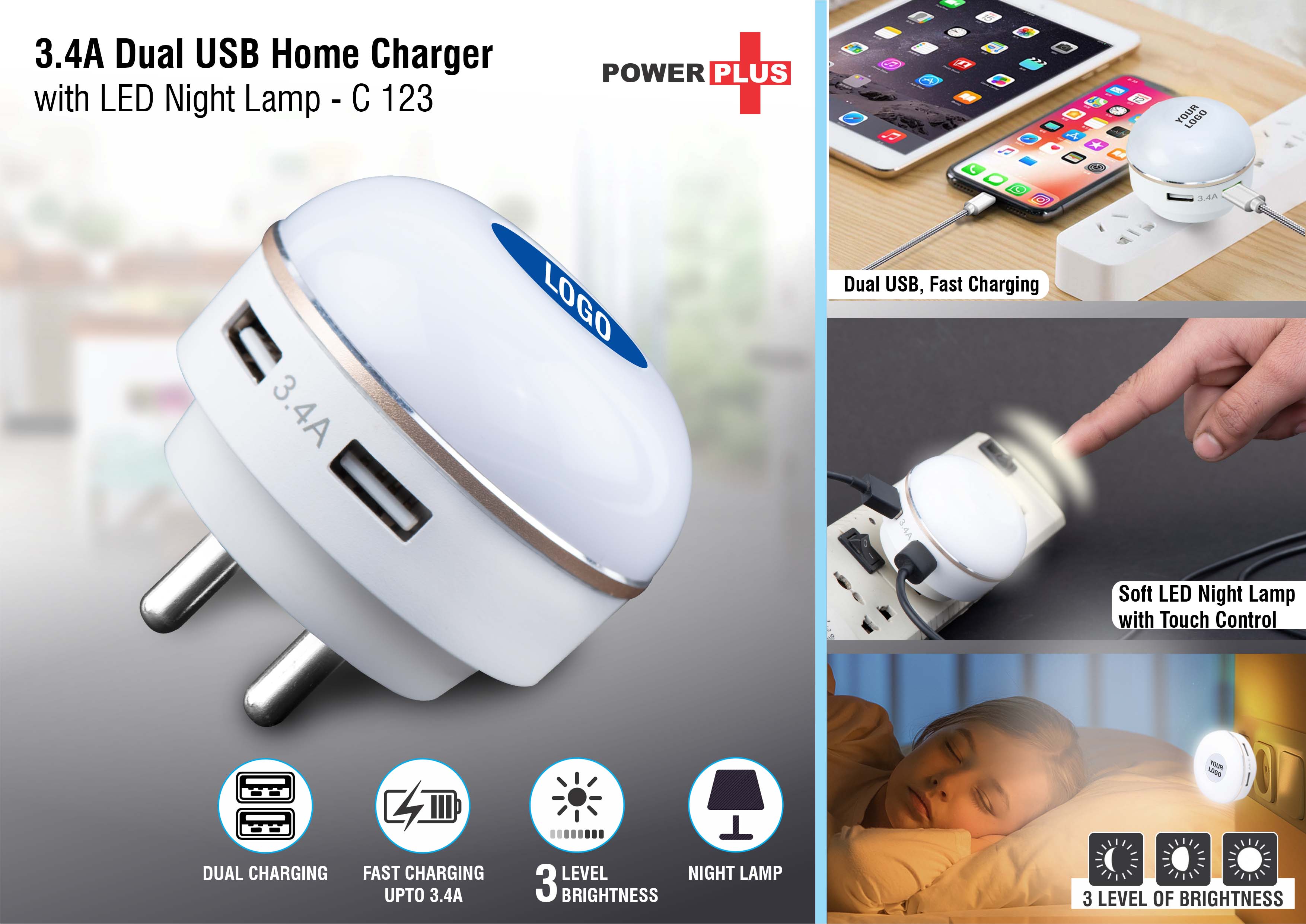 C123 - Dual USB fast charger with night lamp