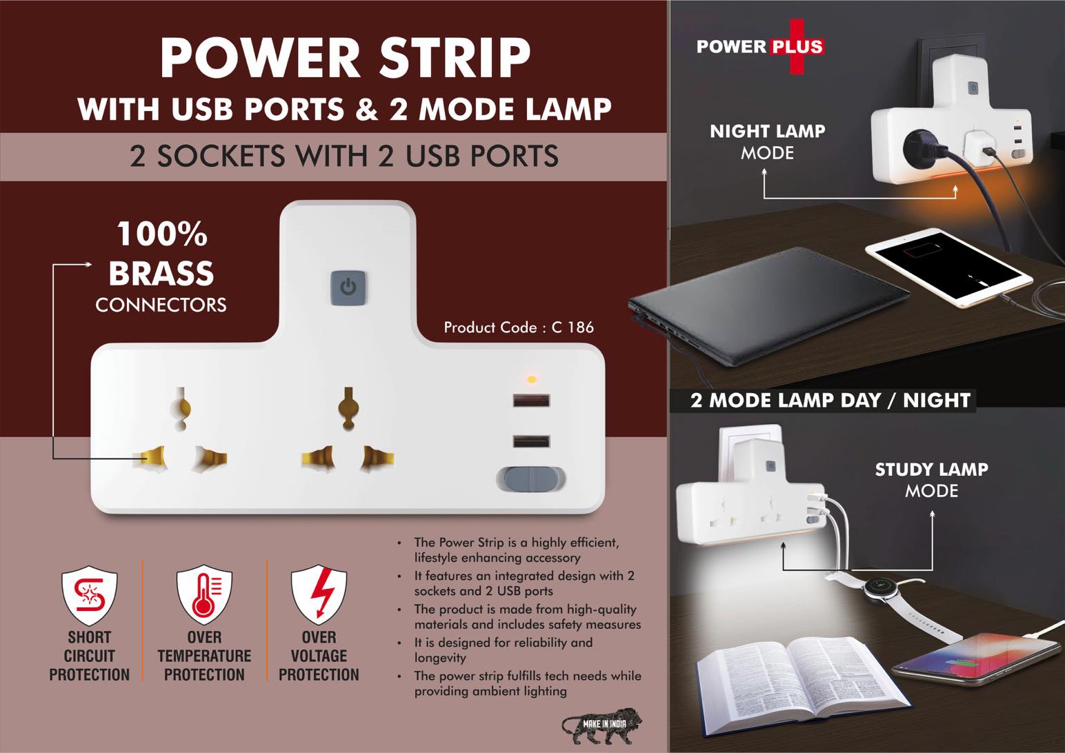 C186 - Power Strip with USB ports & Night Lamp | 2 sockets with 2 USB ports | 2 mode lamp