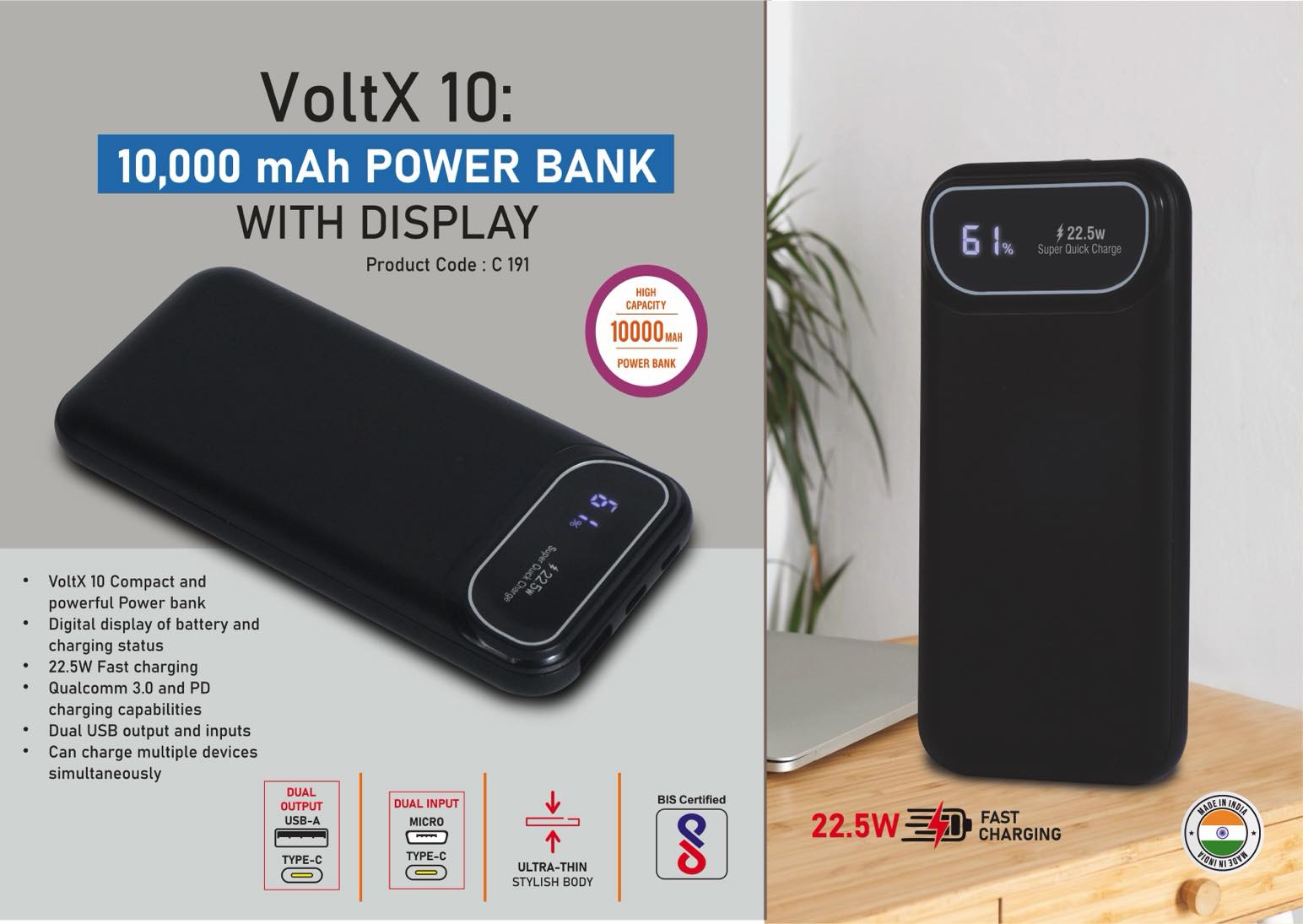 C191 - VoltX 10: 10,000 mAh Power bank with Display | 22.5W Fast charging | Supports Qualcomm 3.0 + PD charging | Dual USB output & inputs