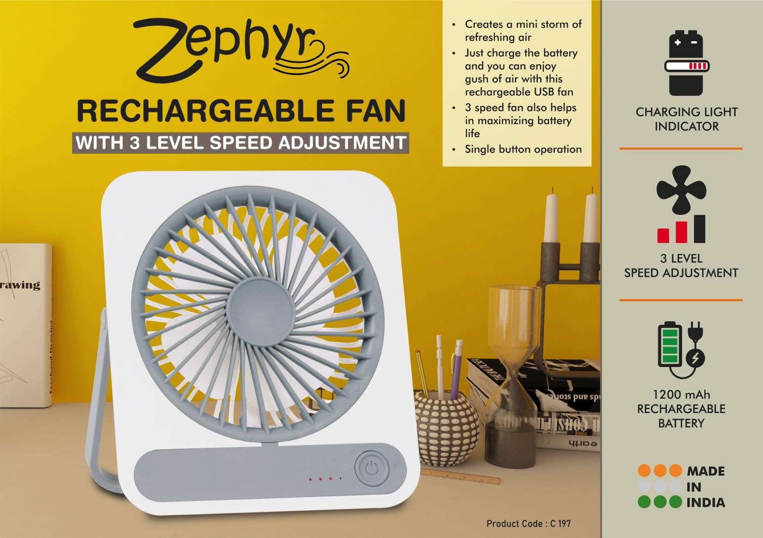 C197 - Zephyr: Rechargeable fan with 3 level speed adjustment | 1200mah battery
