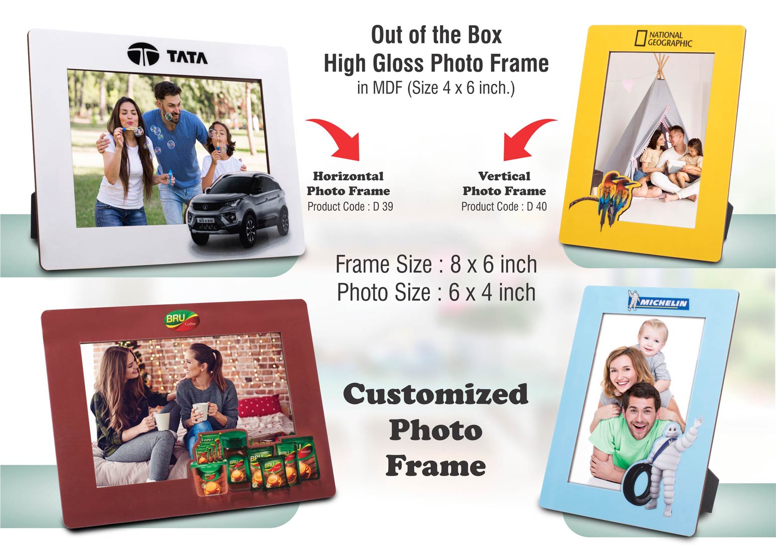 D39 - Out of the box High Gloss Photo Frame in MDF | With customized frame & insert | Photo size 4x6 inch | Horizontal | MOQ 100 pcs