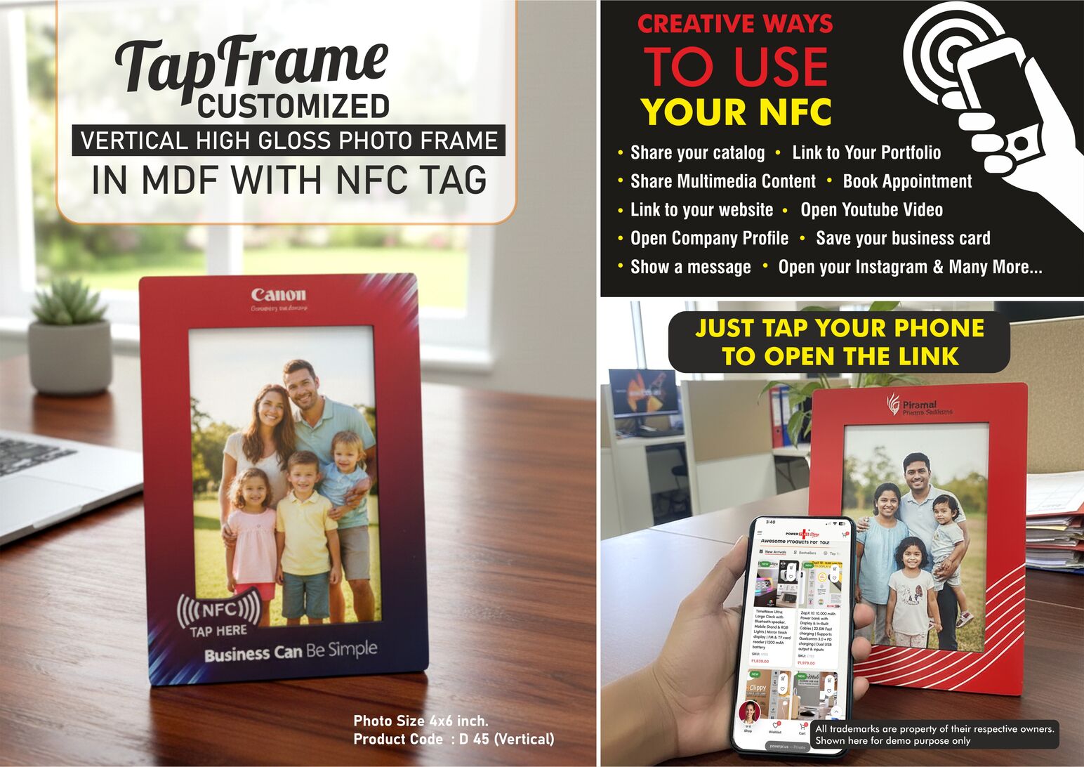 D45 - TapFrame: Customized High Gloss Photo Frame in MDF with NFC tag | Link to your Catalog, Website, Video, etc | Photo size 4x6 inch | Vertical