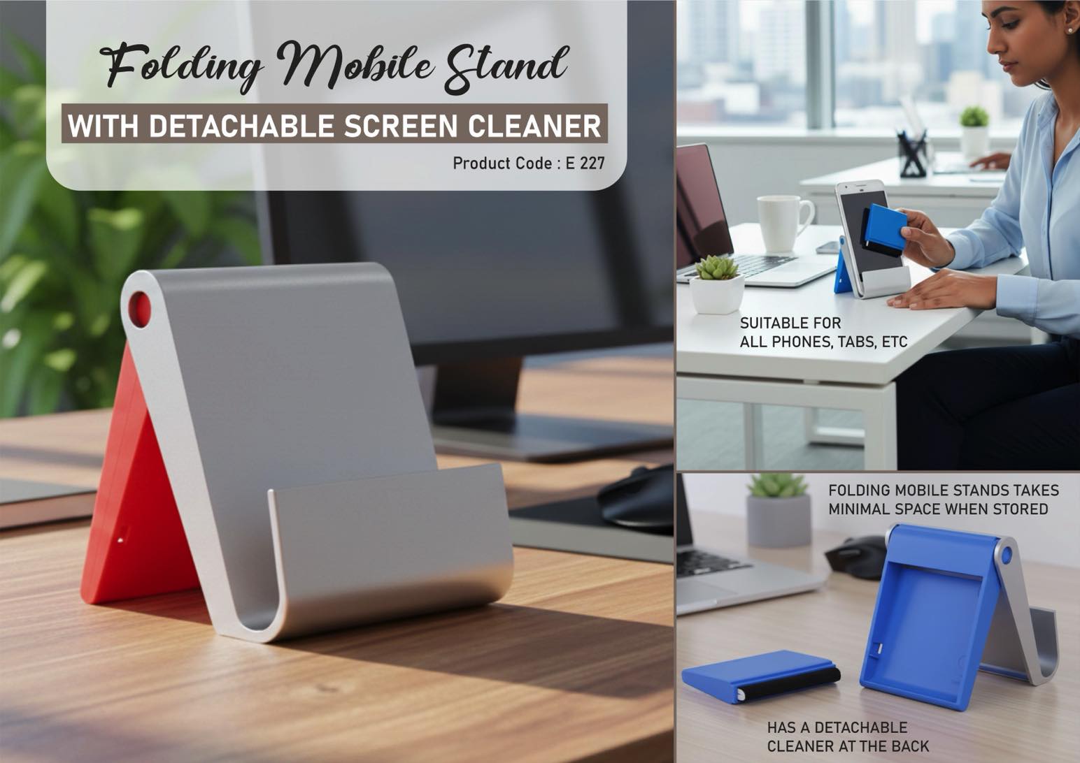 E227 - Folding mobile stand with detachable screen cleaner (XL branding area)