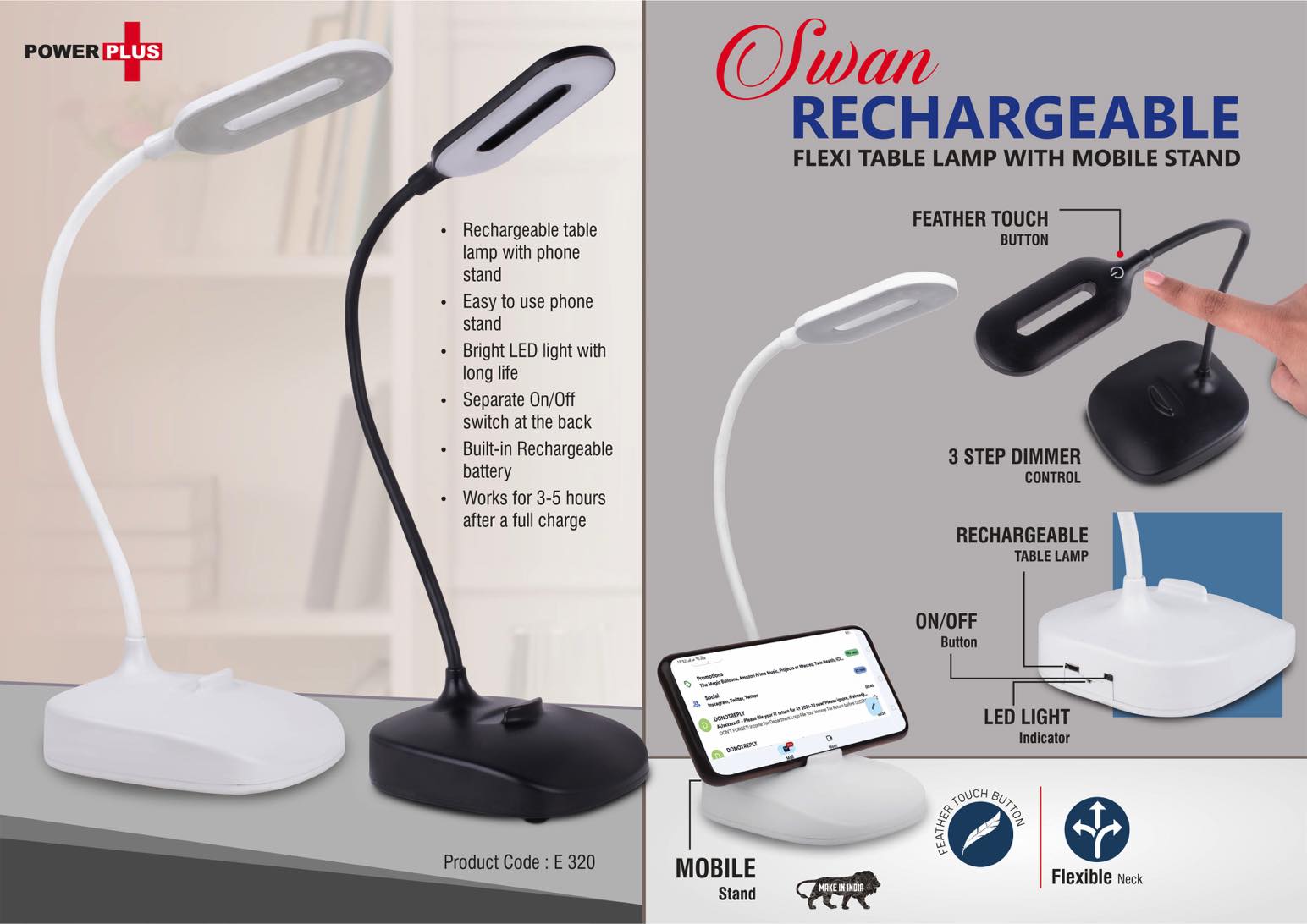 E320 - Rechargeable Flexi table lamp with Mobile stand | 3 step dimmer control | Feather Touch button