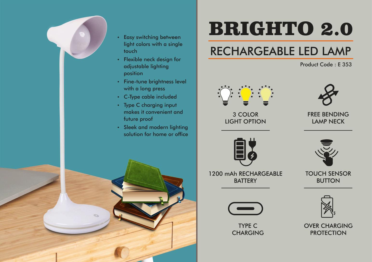E353 - Brighto 2.0 : Rechargeable LED lamp | 3 Color light with Brightness adjustment | Type C Charging
