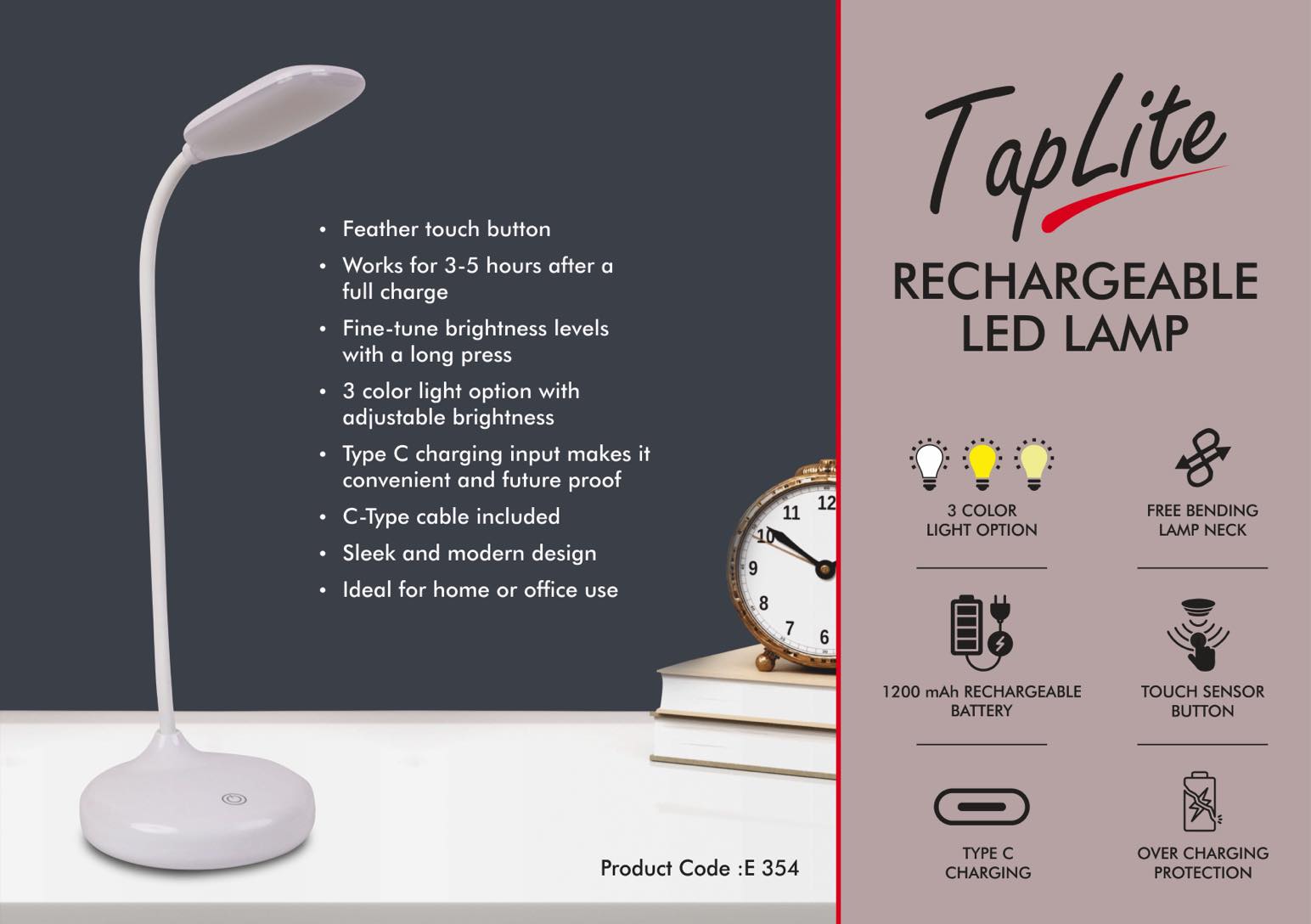 E354 - TapLite : Rechargeable LED lamp | 3 Color light with Brightness adjustment | Type C Charging