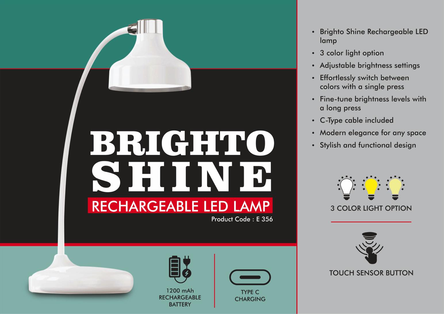 E356 - Brighto Shine : Rechargeable LED lamp | 3 Color light with Brightness adjustment | Type C Charging