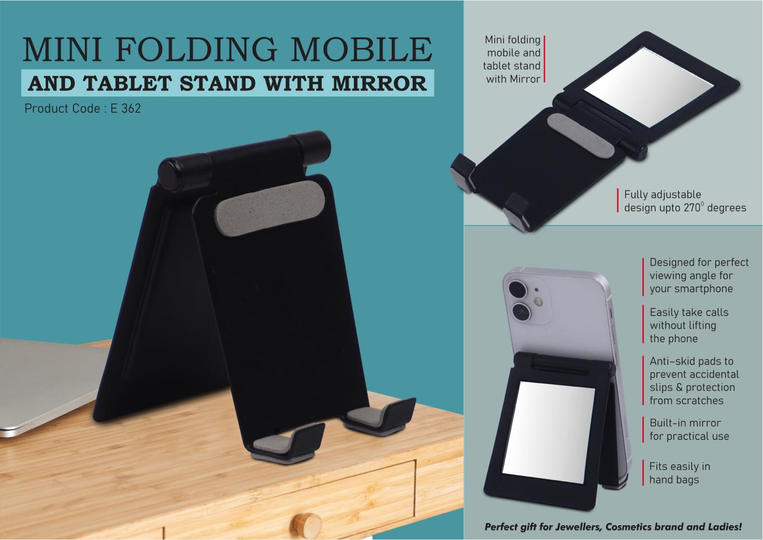 E362 - Mini metal folding mobile and tablet stand with Mirror | Adjustable to any desired angle