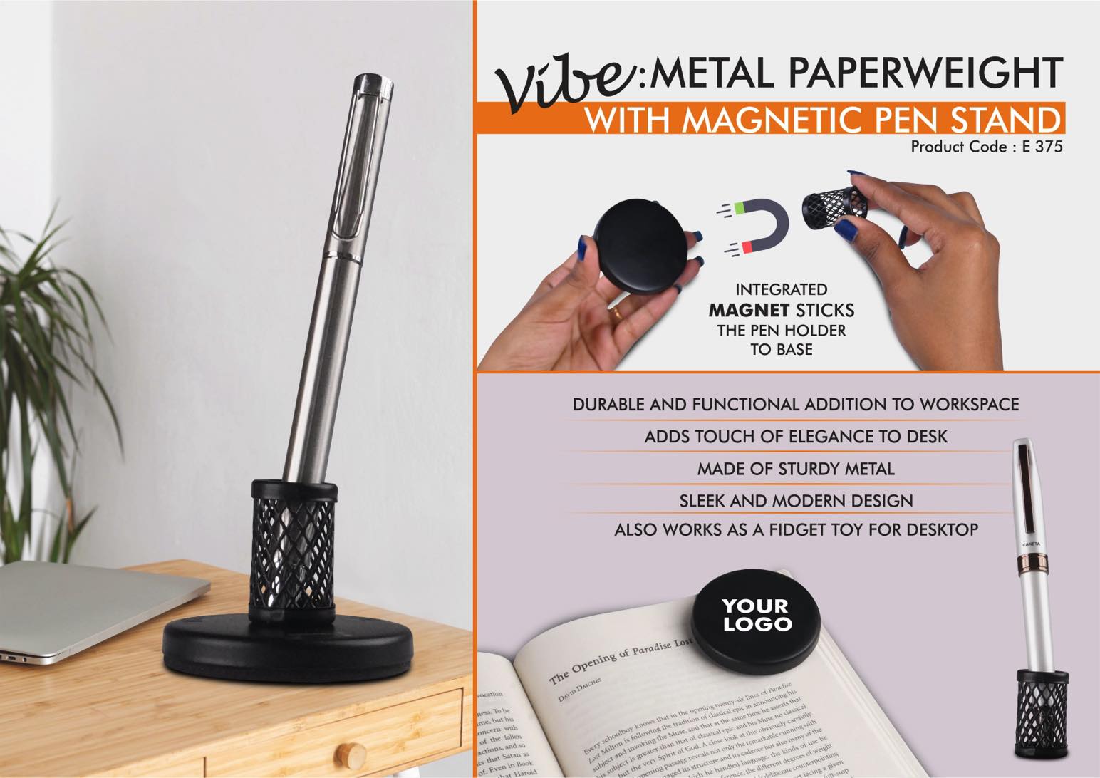 E375 - Vibe: Metal Paperweight with Magnetic Pen Stand