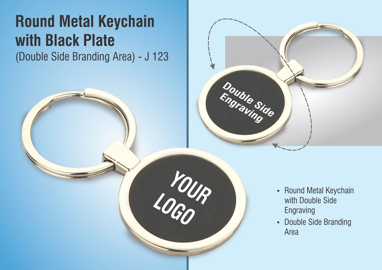 J123 - Round metal keychain with Black plate (Double side branding area)